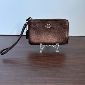 COACH Pebbled Leather Double Corner Zip Bag Bronze/Brown Wristlet